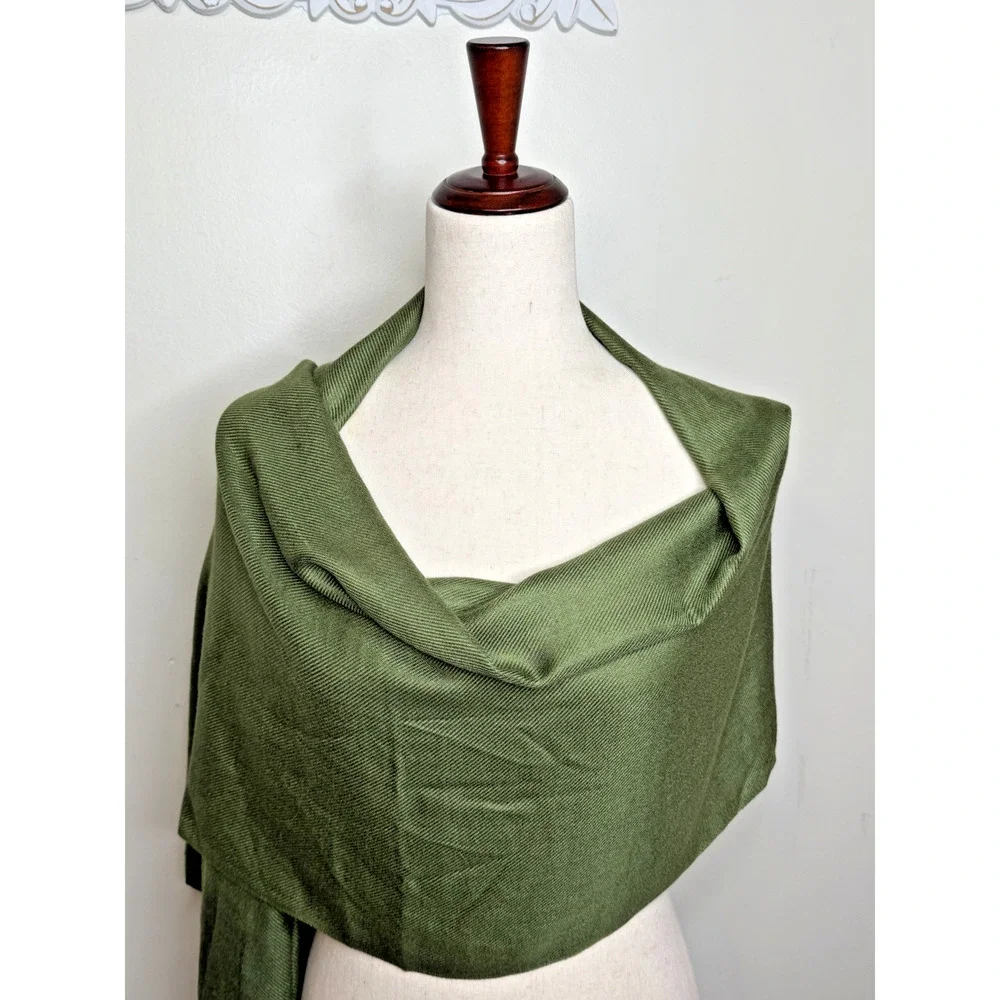 Olive Green Twill Scarf Long Rectangle Wrap Shawl Fringe Solid Green 80